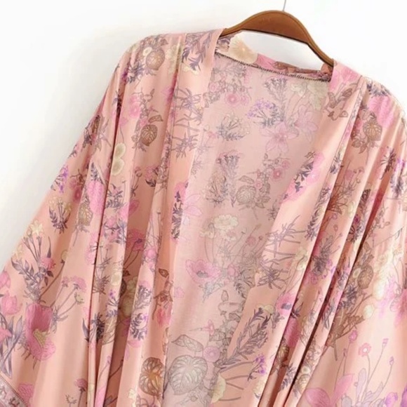 Boho Floral Tropical Print Belted Kimono Cover up - Picture 11 of 13